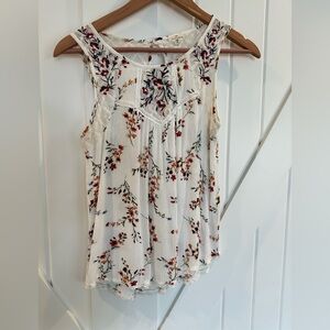 Floral Crochet Yoke Sleeveless Camisole - White with Red & Orange Floral